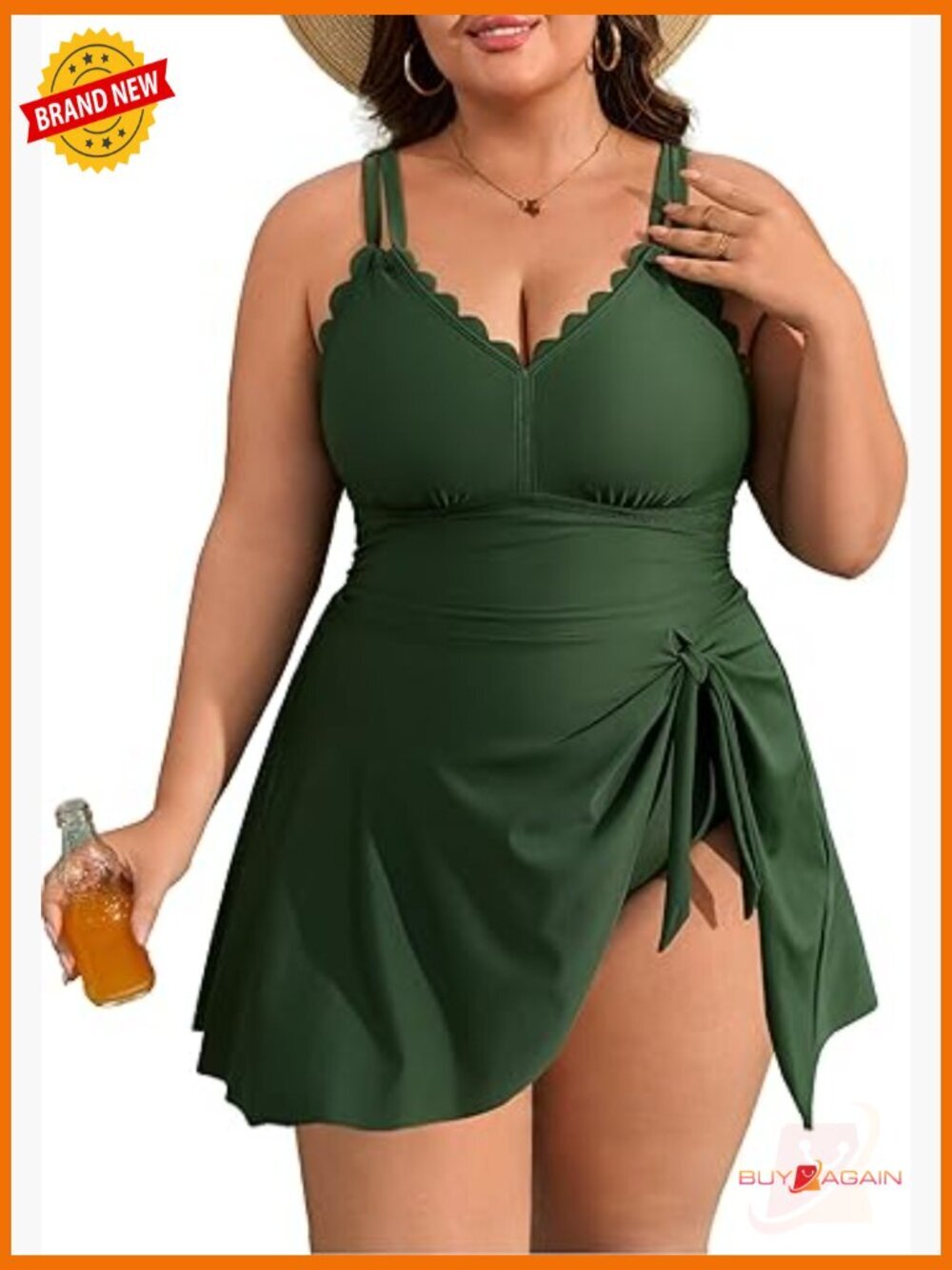 Plus Size Swim Dress One Piece Tummy Control Ruched Scalloped V-Neck